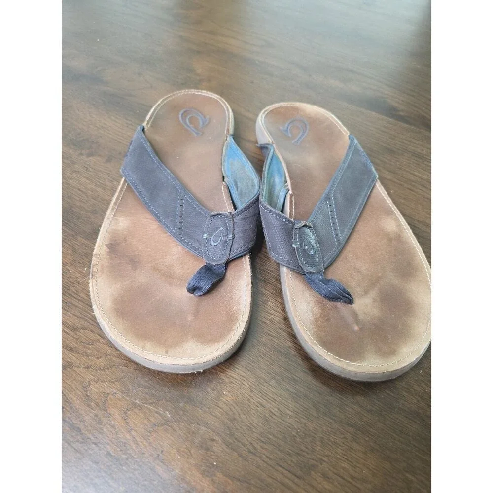 OluKai Men's Nui Brown Full Leather Flip Flop Sandals Size‎ 13 Beach Outdoors